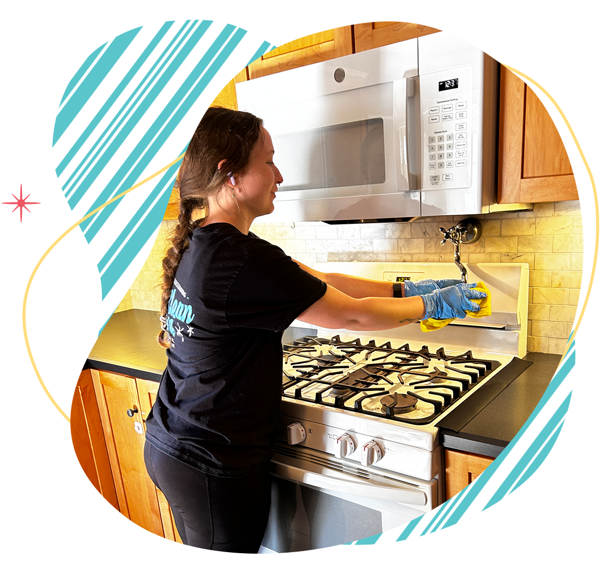 Belle Home cleaner wiping down a gas range